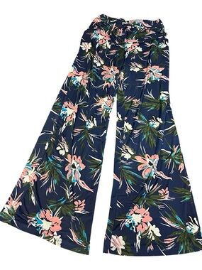 Beach Break Tropical Floral Wide Leg Pants Navy Pink Drawstring Size Small
